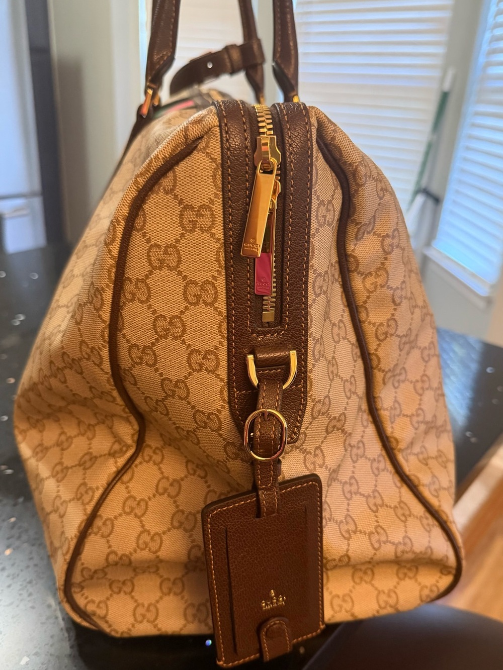 Gucci Beige GG Supreme Canvas Travel Tote with Brown Leather & Gold Hardware